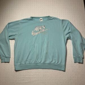Nike Air Women’s Fleece Crewneck Sweatshirt Blue Green Glitter Logo Size L